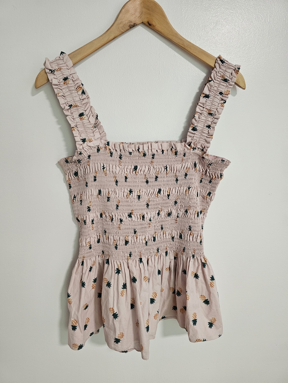 Kate Spade Pineapple Smock Blouse Tank Top Dusty Pink XL Ruffles Peplum
